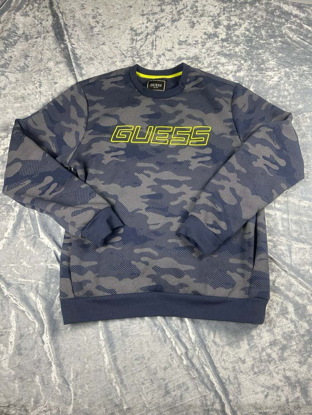 Guess Men's Boniface Blue Camo Print Fleece Crew Neck Pullover Sweatshirt